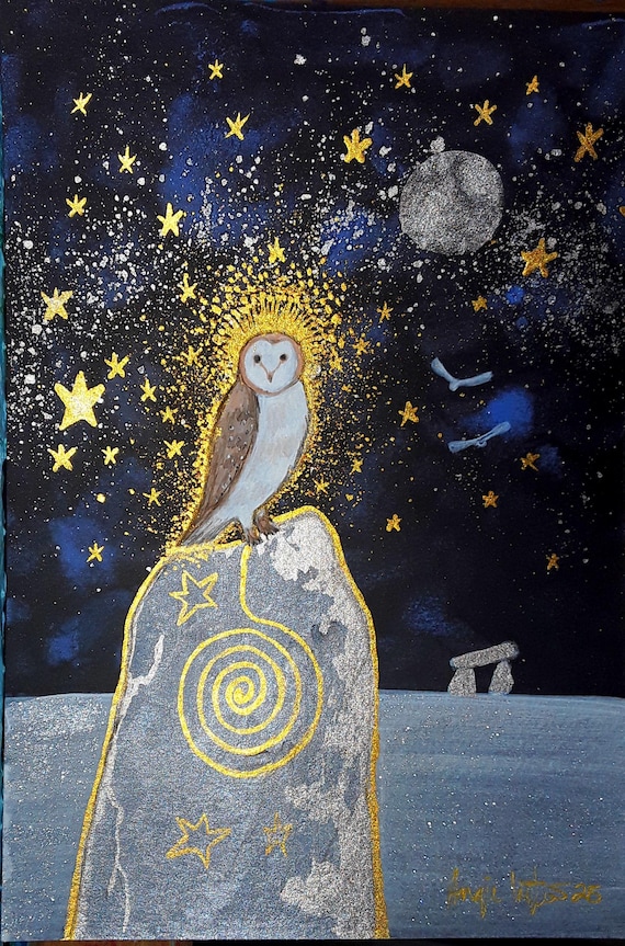 Owl King, Owl Print, Owl Art, Mystical Print, Standing Stone, Pagan, Mystical