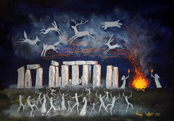 Stonehenge Solstice Spirits, A4 Print, Summer Solstice, Stonehenge, Pagan, Druid