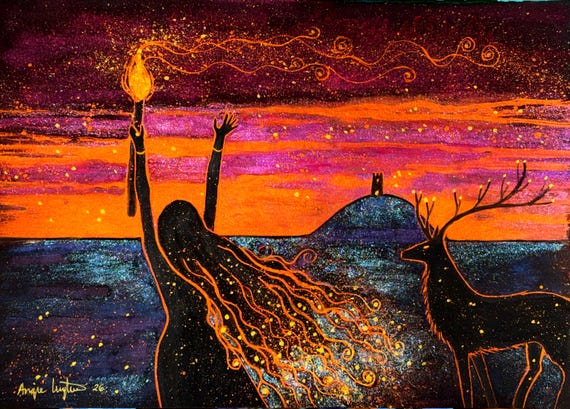 Solstice Fire, A4 Print, Mystical Art, Avalon, Glastonbury Tor