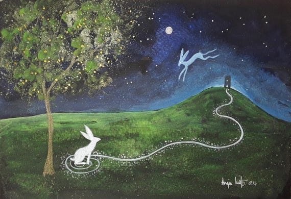Avalon, Glastonbury Tor, Avalon Print, Mystical Print, Small A5 Print, Pagan, White Hare