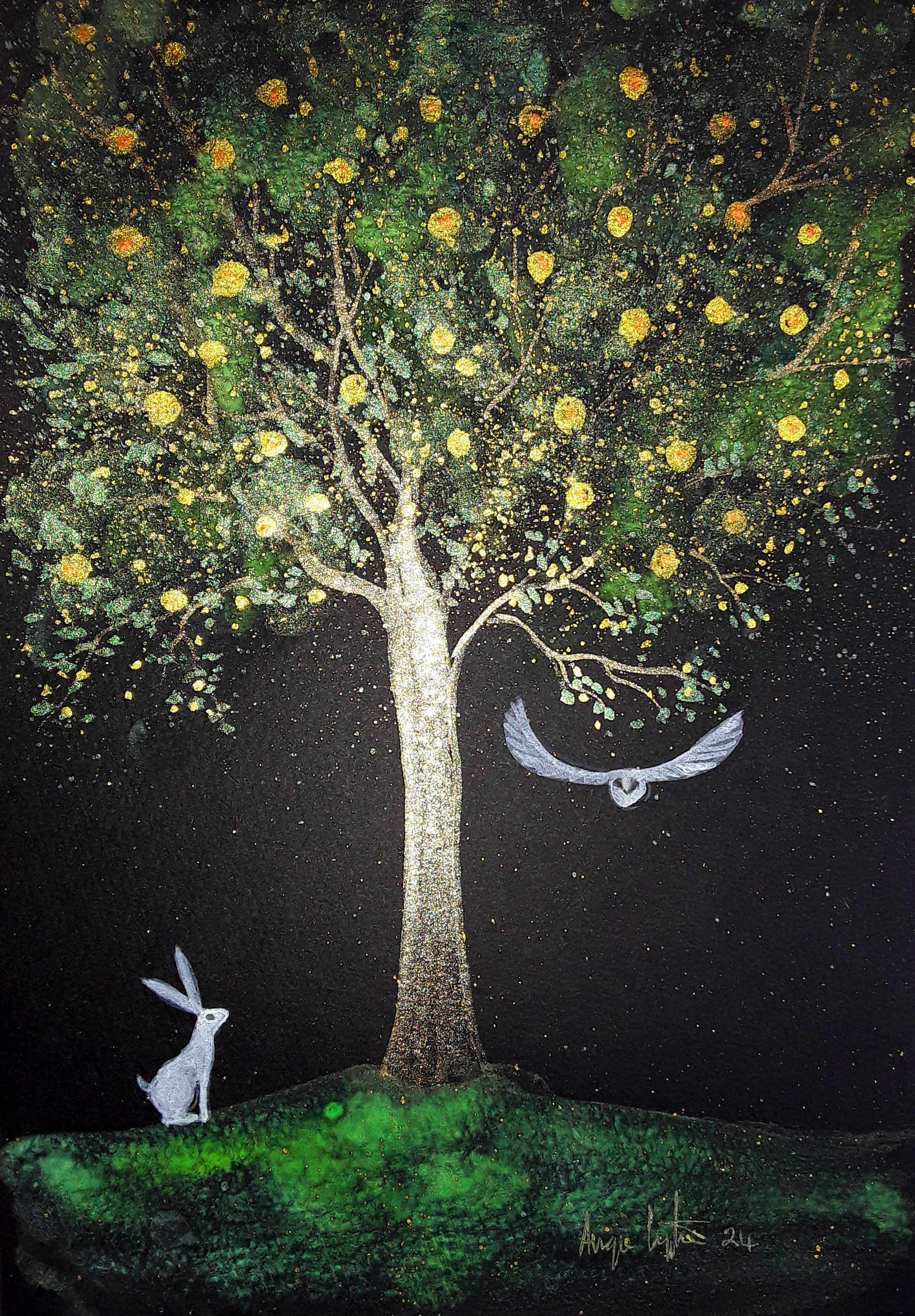 Mystical Print, White Hare, White Owl, Shimmering Art, Mystical
