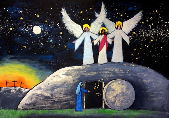 He is Risen, A4 Print, Resurrection, Jesus, Christian, Religious, Angels, Cross