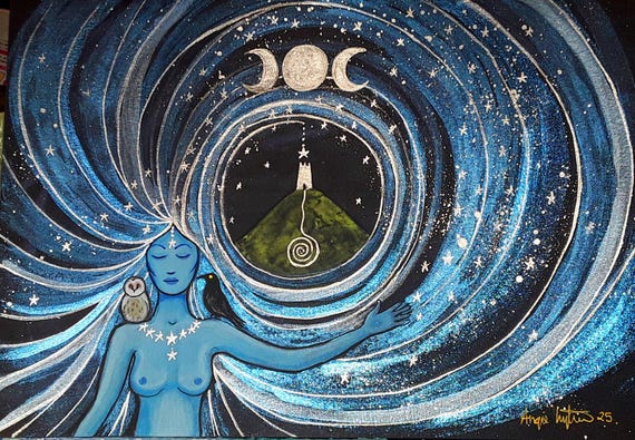 Night Goddess, Avalon, Glastonbury Tor, A4 Print, Goddess Art, Pagan, Druid