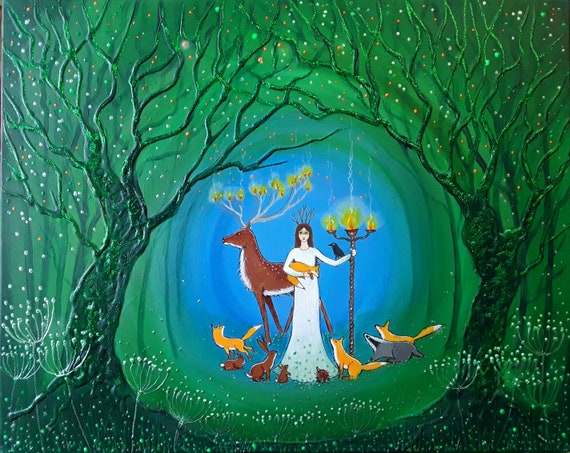 Goddess Painting - Forest Goddess - Mystical Art - Pagan - Wiccan - Stag - Woodland Animals - Original Goddess Art