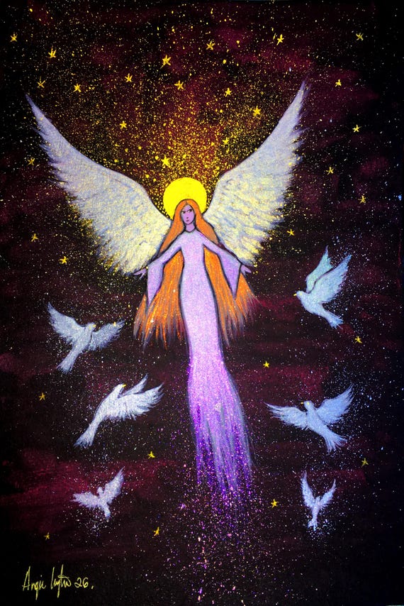 Peace Angel, A4 Print, White Doves, Christian, Angelic