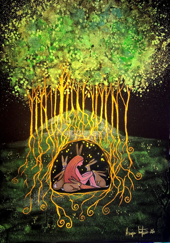 Beneath the Hill, Original Painting, Hare Queen, Brown Hares, Mystical Art