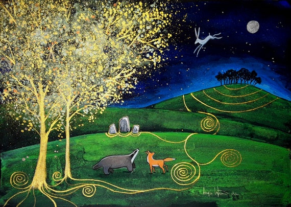 The Old Hillfort, Ley Lines, Pagan, Standing Stones, Badger, Fox, White Hare, Mystical Art, Original Art