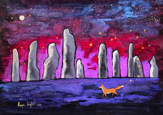 Callanish Sunset, Original Painting, Standing Stones, Fox