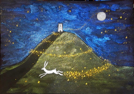 Avalon Solstice Eve , A4 Print, Summer Solstice, Glastonbury Tor, Pagan, Druid, Hare