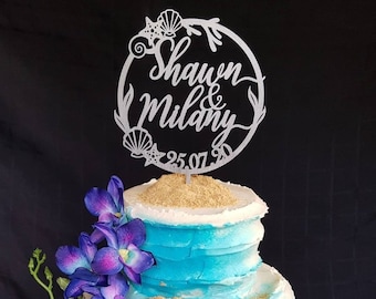 Beach wedding cake topper, Custom Name cake topper, Tropical wedding cake topper, Travel wedding cake topper, Unique wedding cake topper