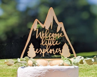 Welcome little explorer, Baby shower mountain cake topper, Woodland baby shower, Baby shower cake topper, Adventure themed baby shower decor