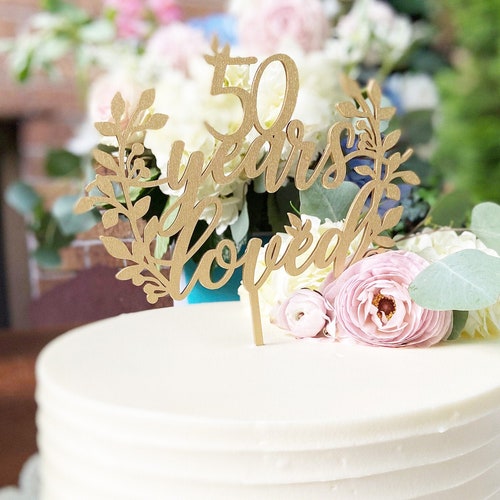 50th Anniversary Cake Top Crystal Like Flowers and Gold Circle Decorated in Gold 