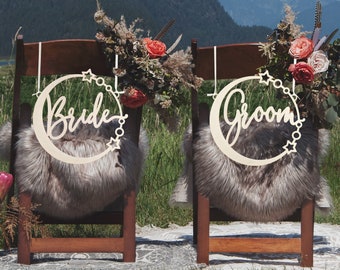 Celestial Bride and groom chair sign, Wedding chair signs, Wood Sign, Wedding decorations, Celestial wedding decor