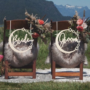 Celestial Bride and groom chair sign, Wedding chair signs, Wood Sign, Wedding decorations, Celestial wedding decor