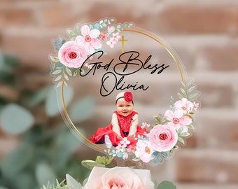 Baptism cake topper, God bless cake topper, Baptism decorations, Name cake topper, Christening cake topper, Floral cake topper