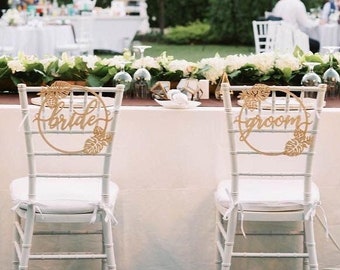 Monstera bride and groom chair sign, Monstera wedding chair signs, Beach Wedding Decor, Mr and Mrs table signs