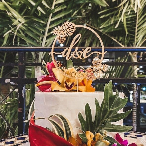 Décoration de gâteau de mariage sur la plage, décoration de gâteau feuille de Monstera, décoration de gâteau de mariage personnalisée, décoration de gâteau de mariage Monogram, décoration de gâteau Monogram