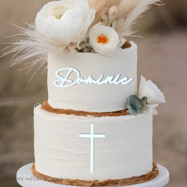 Breloque prénom personnalisée pour gâteau avec croix, décoration de gâteau acrylique personnalisée, décoration de gâteau de baptême personnalisée, nom découpé au laser, plaque à gâteau, acrylique miroir