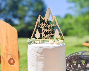Welcome baby boy cake topper, Baby shower mountain cake topper, Woodland baby shower, Baby shower cake topper, Boy baby shower decor