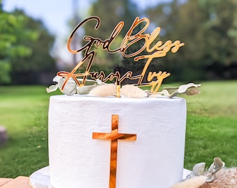 Baptism cake topper with cross, Acrylic cake topper, Gold acrylic cake topper, God Bless cake topper, Custom acrylic cake topper,