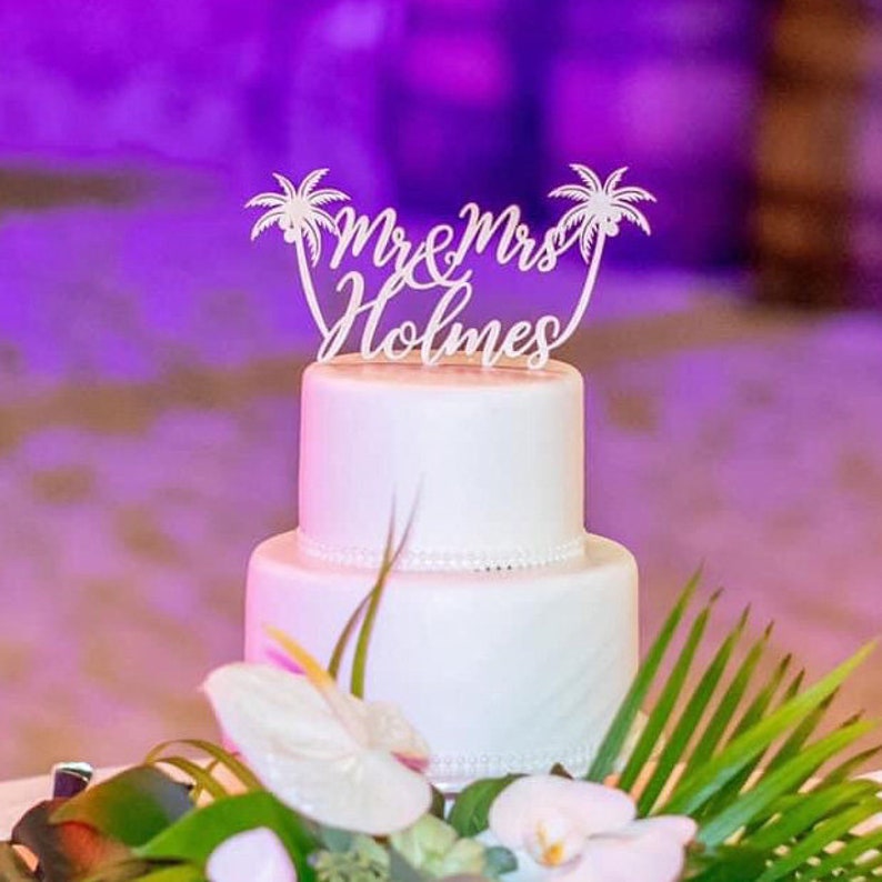 Beach wedding cake topper, Custom Mr and Mrs cake topper, Tropical wedding cake topper, Unique wedding cake topper image 3