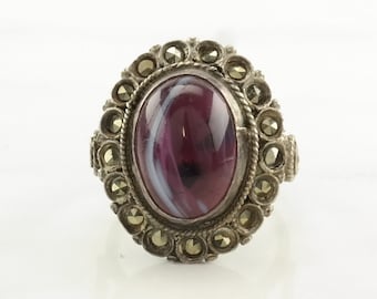 Vintage Art Deco Silver Ring Purple Stone Ornate Sterling Size 6