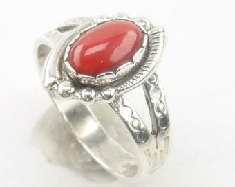 Vintage Southwest Sterling Silver Ring Coral Red Size 5 1/2