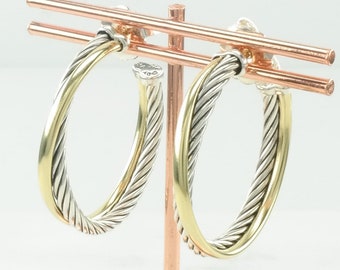 David Yurman Sterling Silver Two-Tone Crossover 18K Gold posts C hoop Earrings
