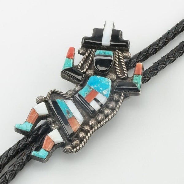 Zuni Turquoise Inlay Rain Dancer Bolo Tie Necklace Sterling Silver