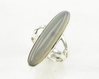 Vintage Art Deco Silver Ring Agate Navette Sterling Gray Size 4 1/2