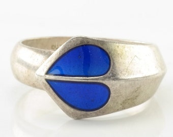 Vintage David Andersen Ring Blue Enamel Heart Sterling Silver Size 7 1/4