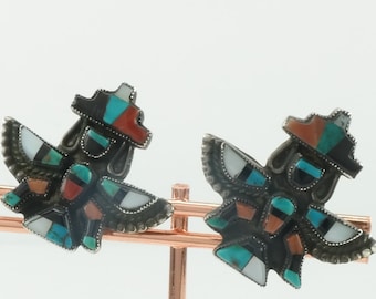 Zuni Sterling Silver Multicolor Kachina Inlay Eagle Dancer Screwback Earrings