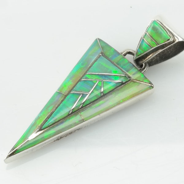 Vintage Southwest Opal Inlay Triangle Sterling Silver Green Pendant