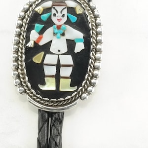 Zuni Calavaza Inlay Bolo Tie Figure Sterling Silver Turquoise Coral Necklace