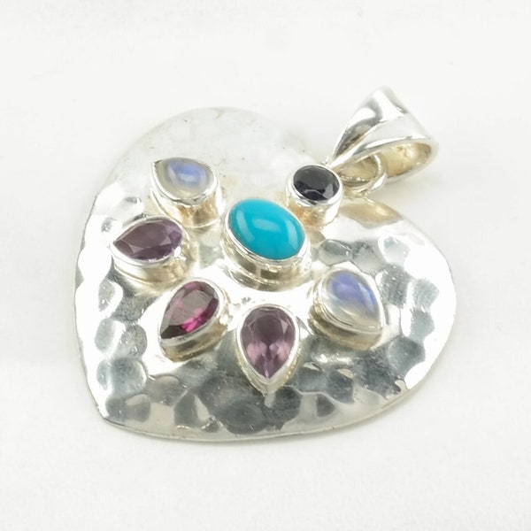 Vintage Nicky Butler Turquoise, Onyx, Moonstone, Garnet Heart Sterling Silver Pendant