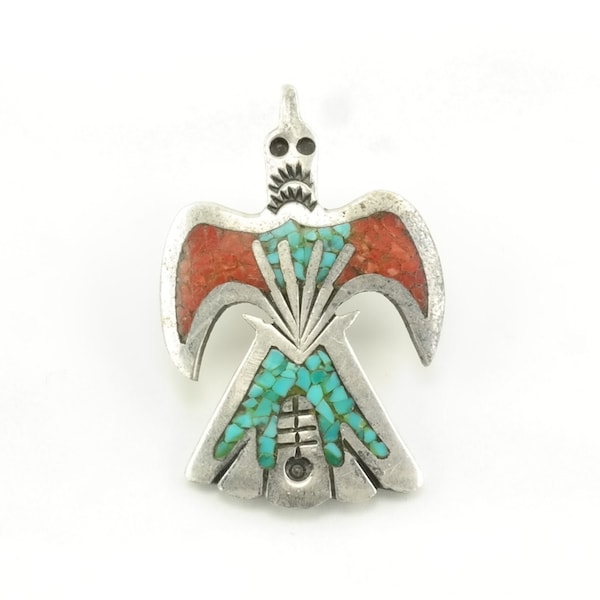 Vintage Native American Turquoise, Coral Inlay Bird Sterling Silver Pendant