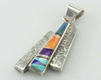 Vintage Inlay Turquoise Multi Gem Sterling Silver Multicolor Pendant