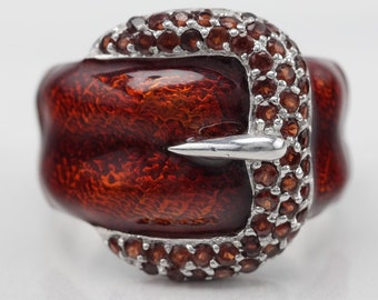 Belt Red Enamel Garnet Sterling Silver Ring Size 10 Vintage