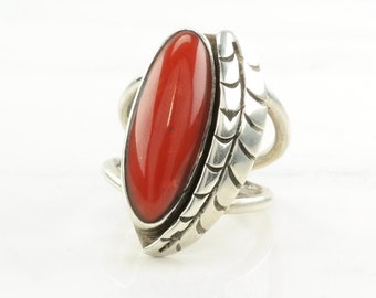 Vintage Native American Silver Ring Coral Leaf Sterling Size 7