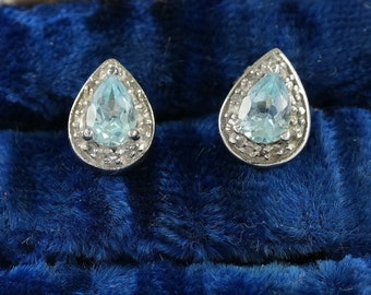 Minimalist Blue Topaz Diamond Teardrop Earrings Sterling Silver