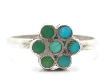 Vintage Zuni Ring Turquoise Flower Inlay Sterling Silver Size 6 1/2