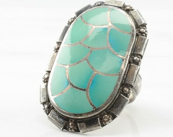 Vintage Zuni Silver Ring Turquoise Fishscale Inlay Sterling Blue Size 6 1/4