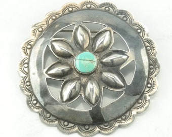 Southwestern Native American Sterling Silver Blue Turquoise Concho Brooch