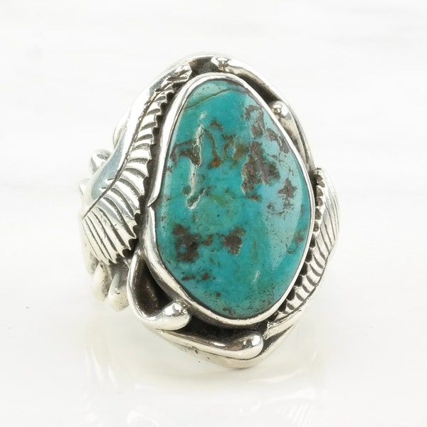 Vintage Navajo Silver Ring Turquoise Leaf Sterling Size 9