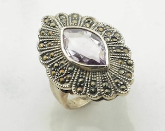 Vintage Art Deco Silver Ring Amethyst Marcasite Sterling Purple Size 6