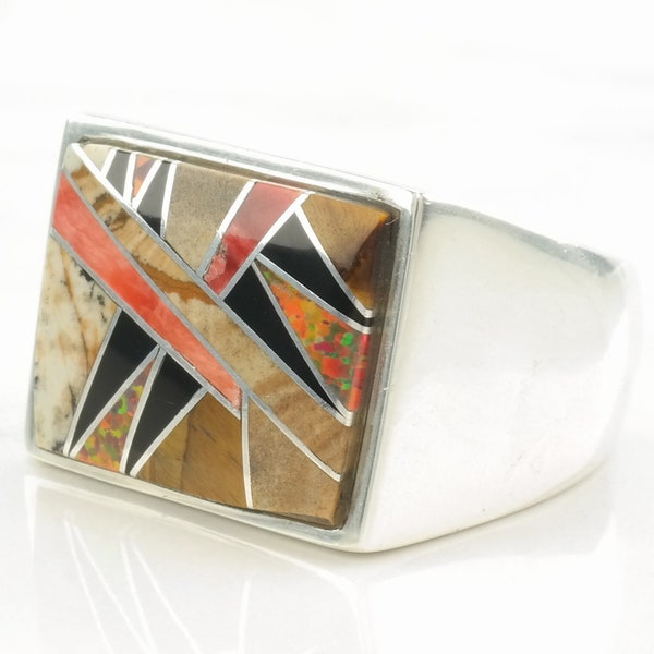 Vintage Southwest Silver Ring Multi Gemstone Inlay Sterling Size 10 3/4