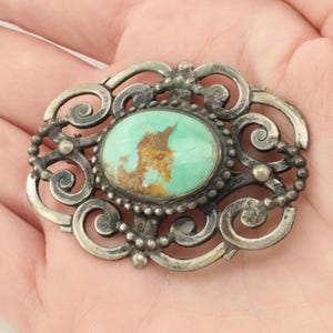 Vintage 1940s Turquoise Brooch: Hand Wrought Sterling Silver Scroll Pin