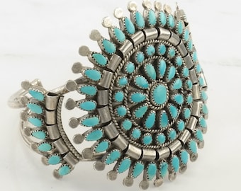 Native American Zuni Sterling Silver Cuff Bracelet Blue Turquoise Cluster