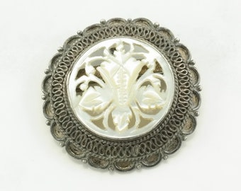 Vintage MOP Carved, Flower Sterling Silver Pendant