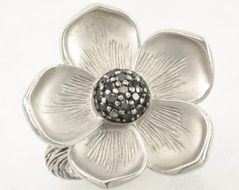 Vintage Modernist Sterling Silver Ring Diamond Flower Textured Band Black Size 8